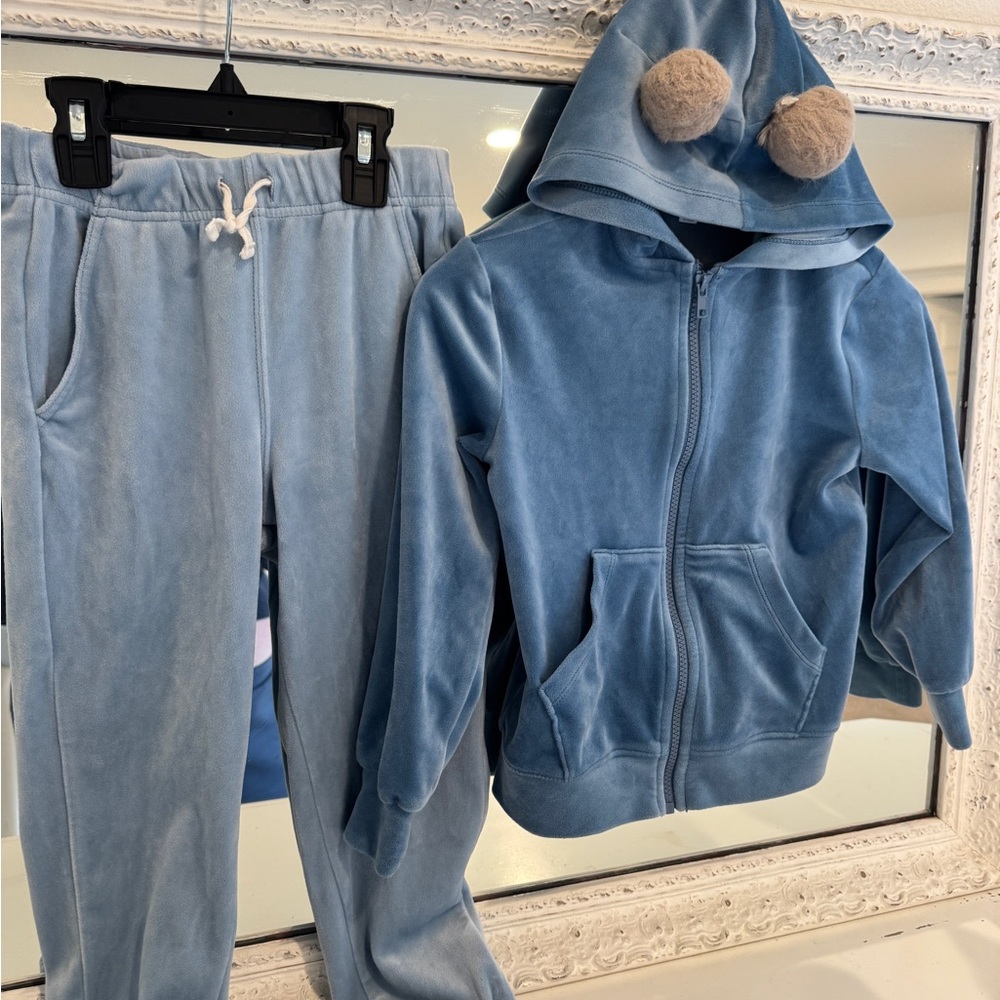 TEA Pom Pom Ear Blue Velour Hoodie and Jogger Set